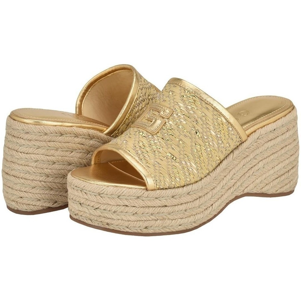 Guess Zakki2 Womens Size 11 M Gold 710 Woven Platform G Logo Wedge Slide Sandals